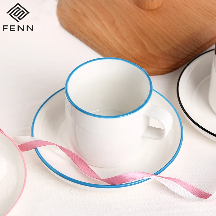 FENN Cafe Shop Design Crockery with Saucer 150ml Coffee Cup Ceramic Mug with Saucer White Porcelain for Home and Gift