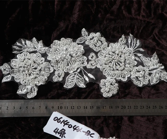 Beaded Lace Applique with Pearl Sliver corded Sequin Flower Bridal Lace Motif