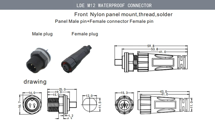 Connecteur étanche de fil électrique M16 LED, câble d'alimentation étanche IP4 à 67 broches