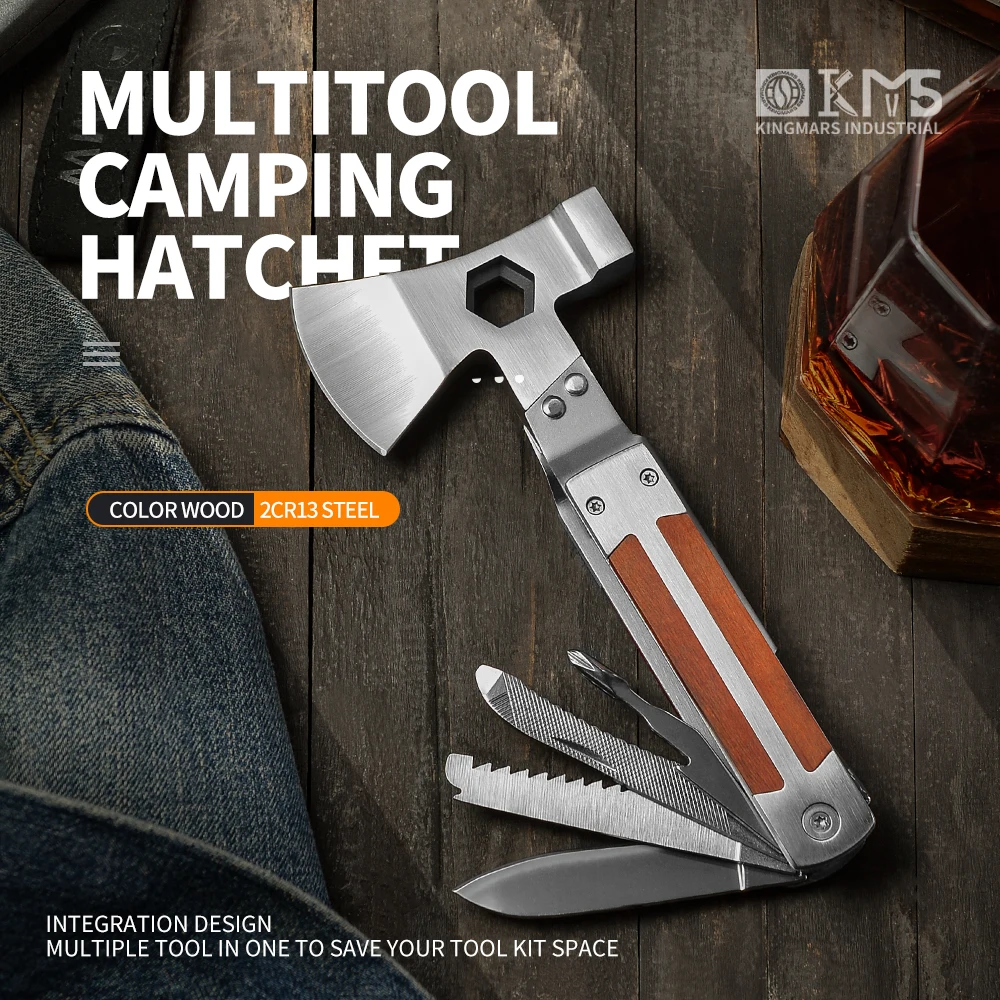 Mini 16 in 1 Wooden Handle  Multitool Portable Emergency Escape Axe Hammer Outdoor Survival Multitool Kit