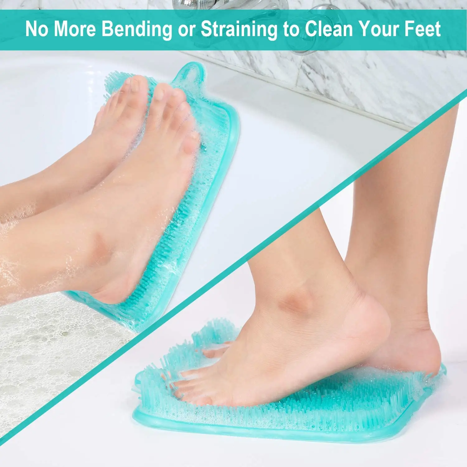 TPE Rect Shower Foot Scrubber Cleaner with Non-Slip Suction Cups Exfoliates Feet No Bending Bathtub Foot Care Brush Massager Mat