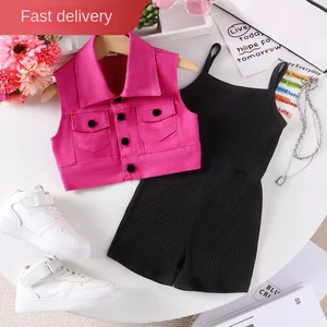 Children's Daily Wear Sleeveless Coat Strap Jumpsuit Black Dress Two Pieces Kids Casual Summer Toddler Girls Clothes for Kids