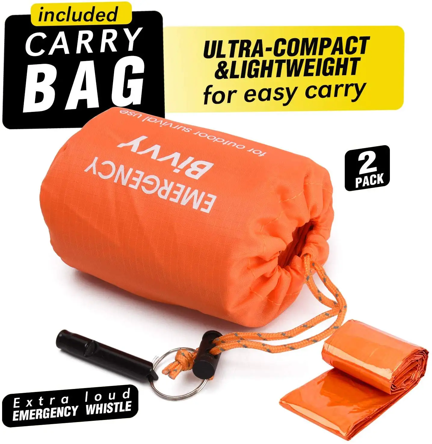 WIYETY Lot De 3 Sacs De Couchage D'Urgence Thermiques - Survie Imperméable Avec Sifflet, Couverture De Secours, Tente Bivouac Ultra Légère Vert Argenté