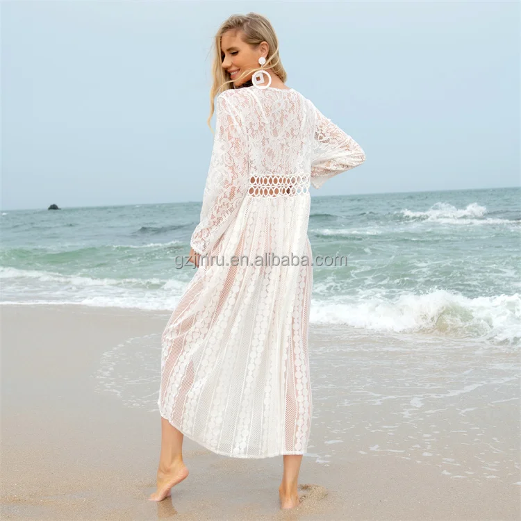 Jinru Factory Customize White Sheer Swimwear Beachwear Lace Beach Dress  Swimsuit Cover Long Chiffon Cover Ups Beach Women Dress