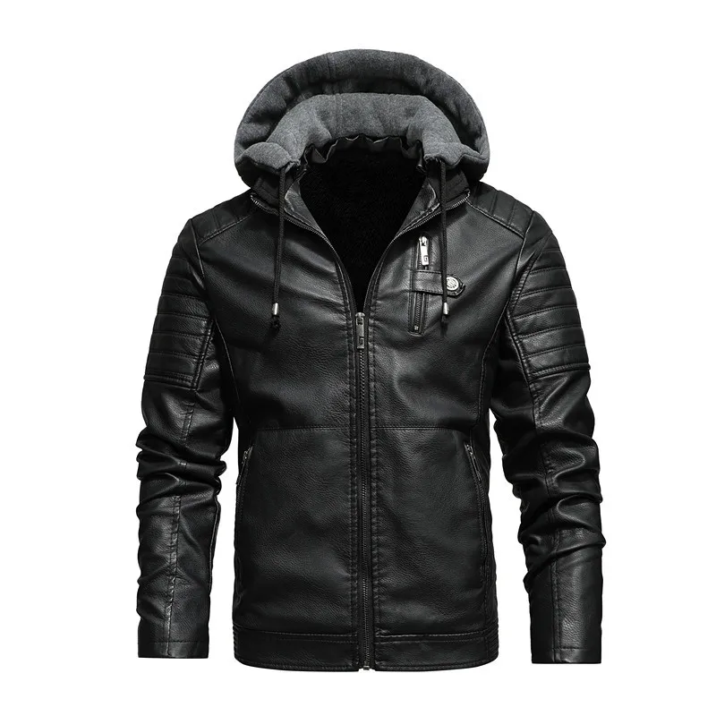 Autumn and winter stand collar casual youth zipper zipper plus fleece spot hooded men's coat leather