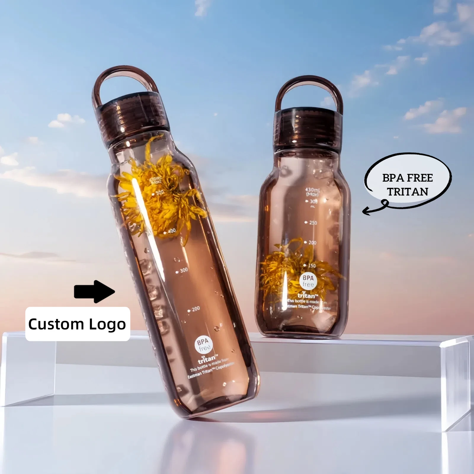 Portable 430ml 670ml Crystal Clear Tritan Water Bottle,Heat Resistant OEM Print Water Bottle with Scale for Work and School