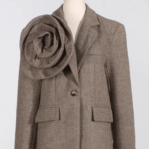 Stylish Herringbone Simgle Breasted Women's Blazer Exquisite Elegant Brown Herringbone Blazer Unique Fabric Flower Embellishment
