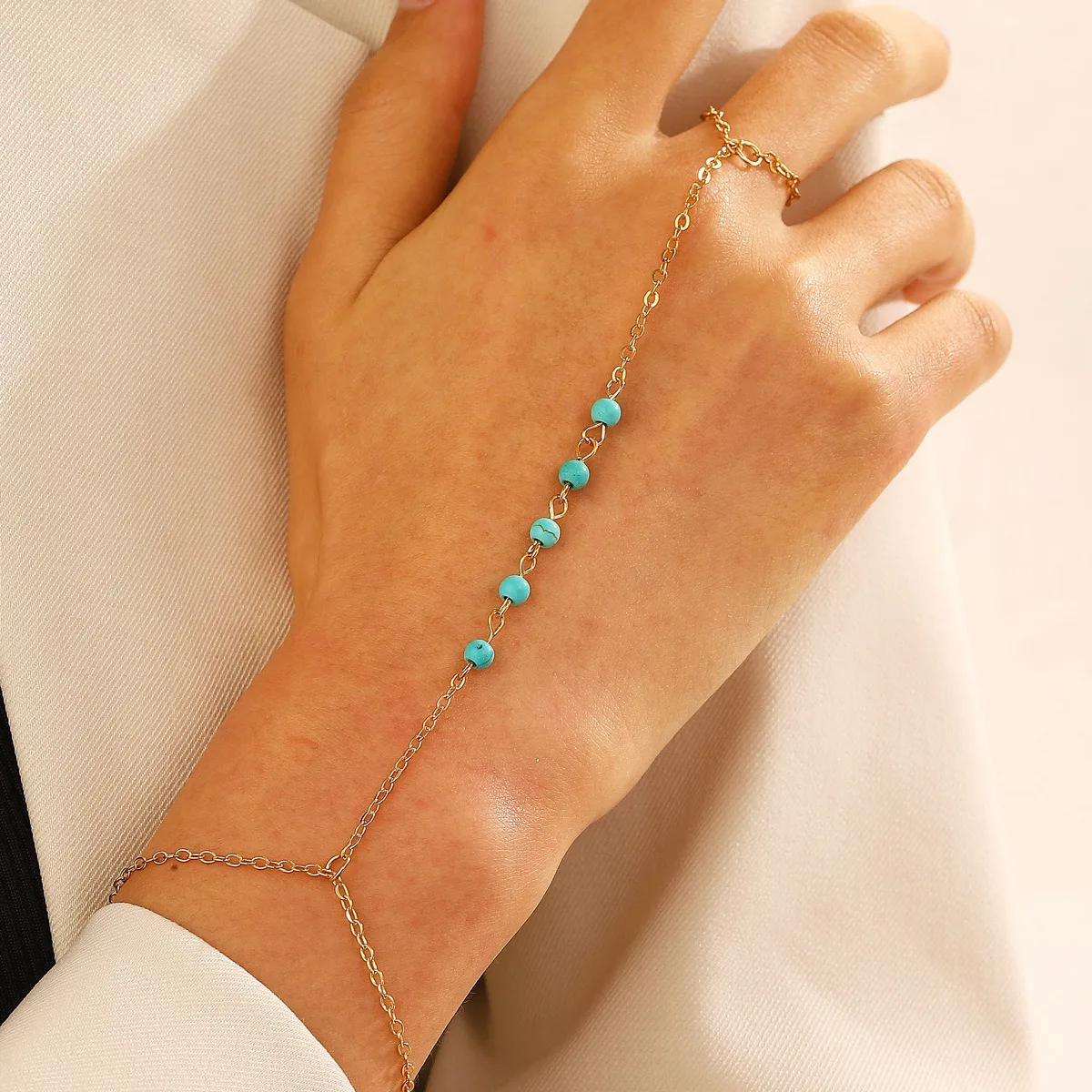 Boho Metal Connected Hand Chain Stackable Bracelet Jewelry Gold Plated Round Pearl Bead Hand Chain Bracelet With Finger Ring