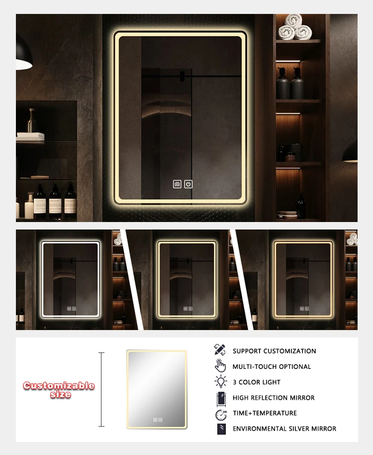 product intelligent sandblast touch screen makeup mirror smart battery operated led bathroom mirror with led light for bathroom hotel-4