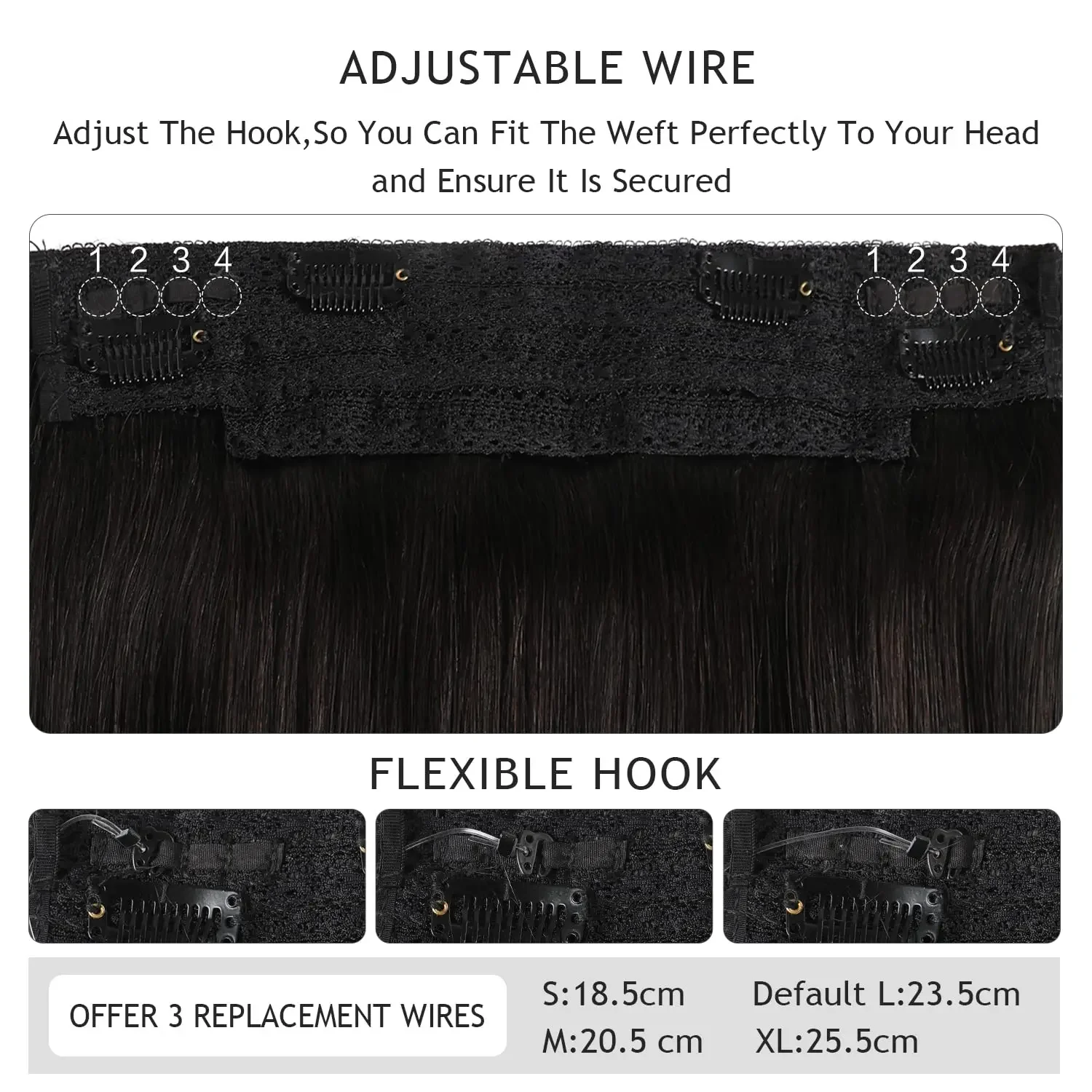 Clip in Human Hair Extensions One-Piece Invisible Fishing Line Wire 4-Clips Remy Natural Black 1B_voghion.com