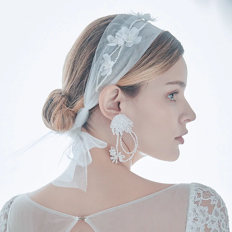 Hot selling fashion handmade white flower crystal bridal wedding earrings bridal veil earrings jewelry set