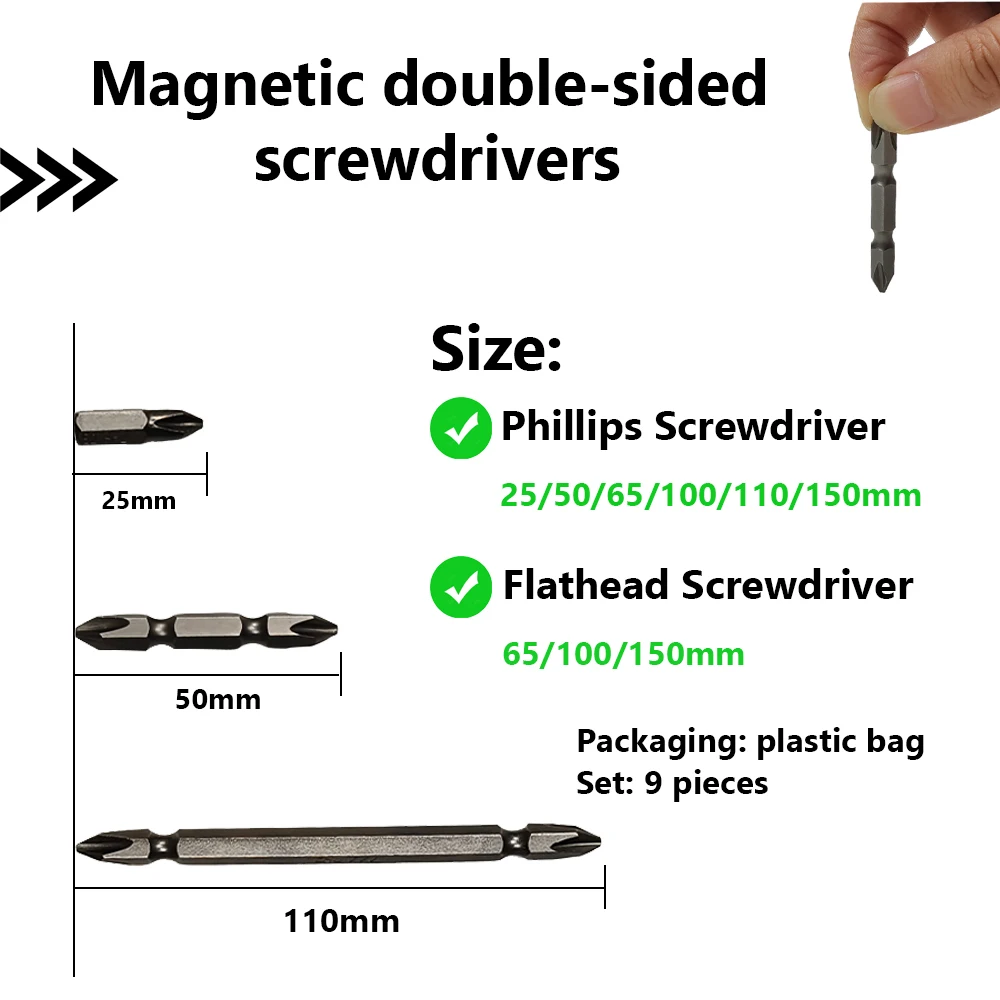 6-Piece High-Magnetic Screwdriver Drill Bit Set – Strong Magnet Ends, Anti-Slip Teeth, Carbon Steel, Sizes 25-150mm – For Impact Drivers, Drills, Manual Screwdrivers