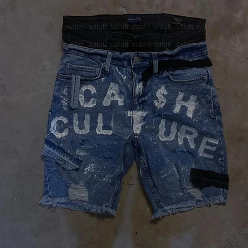 Custom Streetwear Summer Cotton Printed Double Waisted Knee High Baggy Oversize Heavyweight Jeans Shorts Denim Shorts for Men