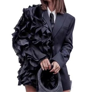 Customize Fashion Asymmetric Ruffles Single Button Solid Woven Blazer for Women Elegant Slim Fit Suit
