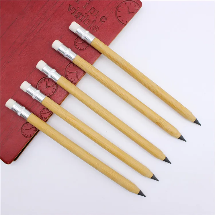 Customized logo eco friendly bamboo wood infinity inkless pen and pencil for students with cap and eraser