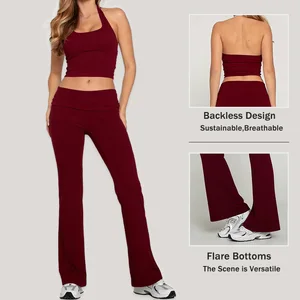 High Quality Halter Neck Top Burgundy Gym Fitness Breathable Sport Outfit Women Yoga Solid Color Leggings 2pcs Pilates Set