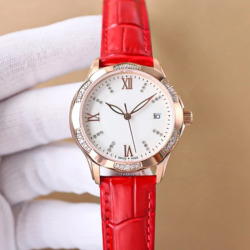 Waterproof red leather strap band ladies Analog Quartz watch for women with diamonds 222040