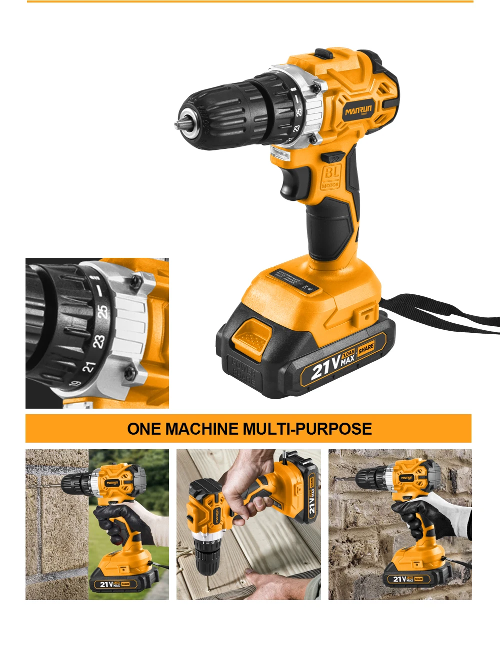 Manrun 21v Brushless Cordless Impact Drill Driver Power Impact Drill