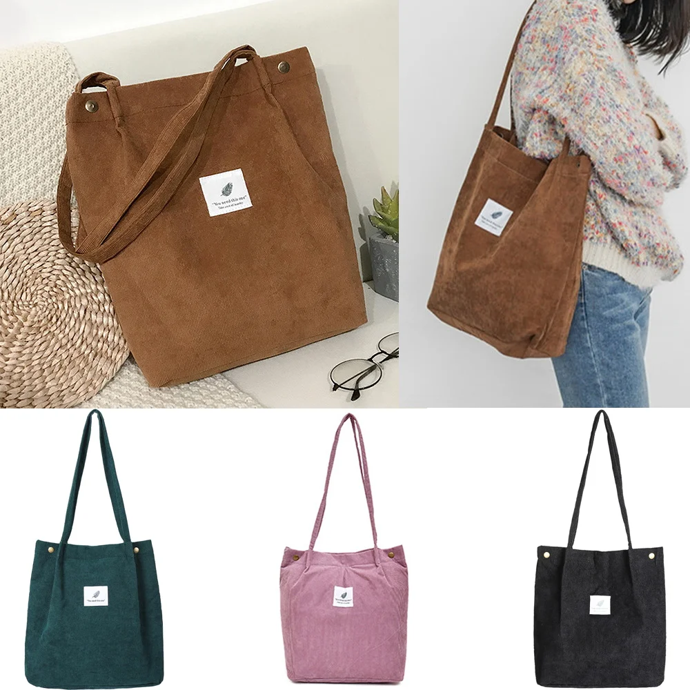 Women Bag Corduroy Shoulder Bags Reusable Cotton Cloth Handbags School Shopping Large Grocery Organizer Shopper Tote Pack
