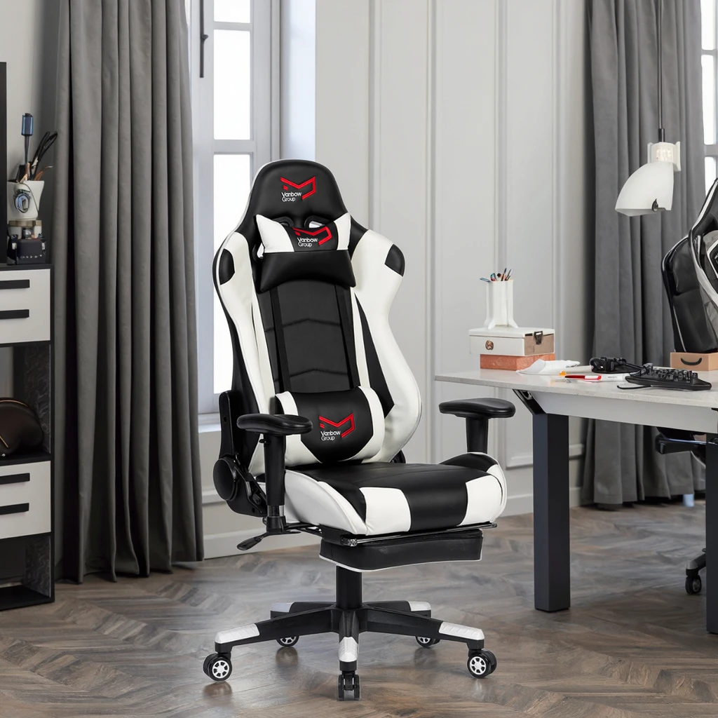 VANBOW Stainless Steel Swivel Recliner Racing Style Computer Chair Backrest Seat Height Adjustable for Home Office Gaming Room