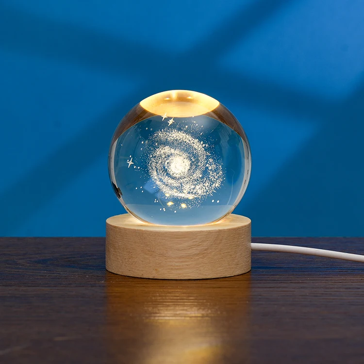 Galaxy Planet Glass Laser 3D Interior Engraved Small Night Light Crystal Ball with Wood LED Base Ball Night Lamp For Decoration supplier