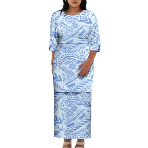 Customize New Wholesale Custom Summer Pacific Island Art Design Samoan Puletasi Set Plus Size Women Neck Button Design Quick Dry