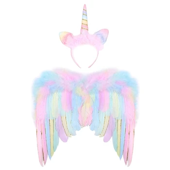 Unicorn Fancy Dress Pink Angel Feather Wing with Unicorn Headband Princess Wings for Kids Girls  Halloween Christmas Party