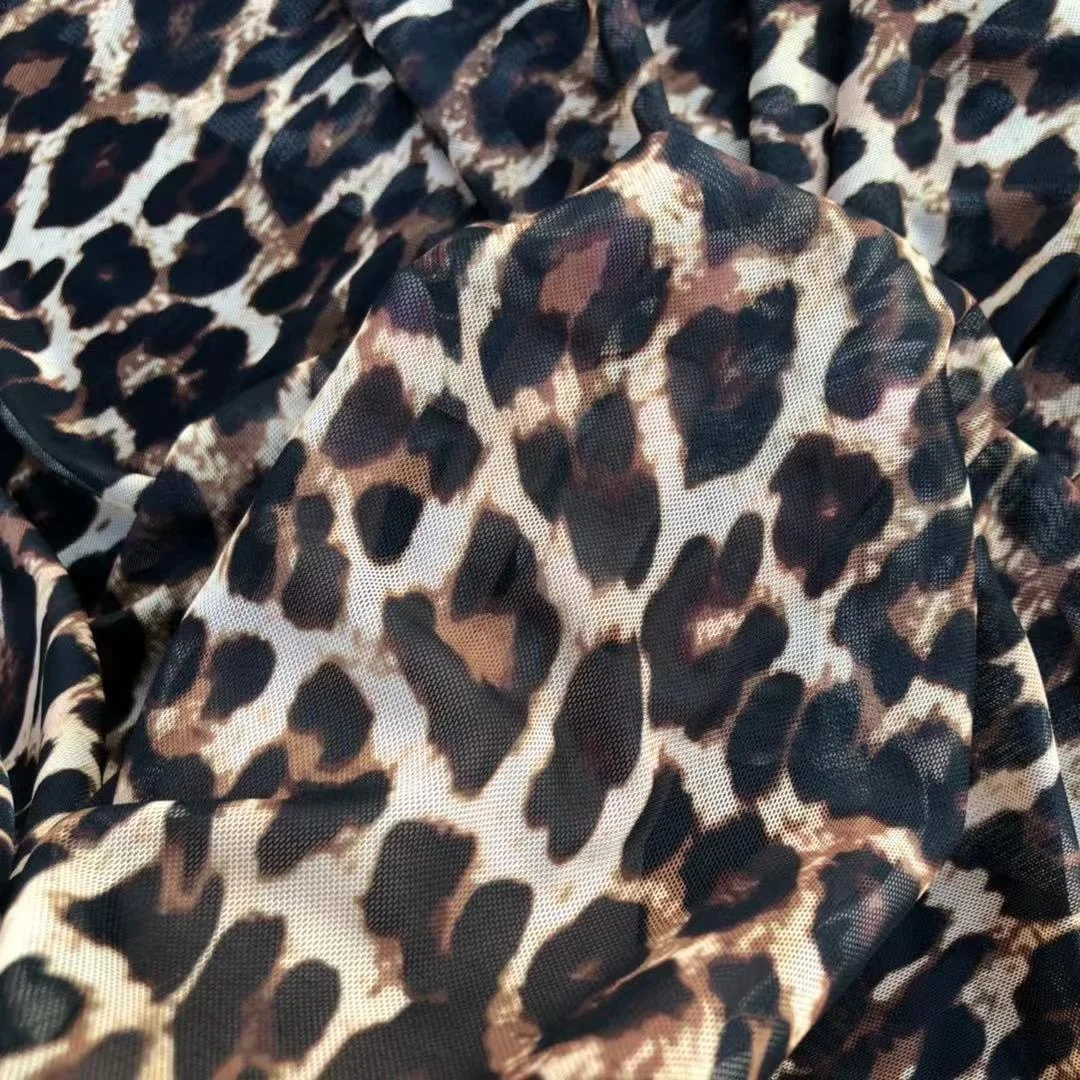 High Elastic Customized Leopard Digital Print Net Fabric 4 Way Stretch Mesh for Skirt and Costume
