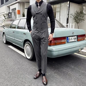 Customizable 2-Piece Set of Men's Slim Fit Double-Breasted Flip Collar Vest and Pant Formal Style with Breathable Feature