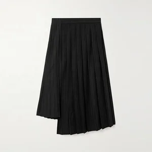Clothing Manufacturer Custom Spring Autumn Black Pleated Pinstriped Asymmetric Wool Poplin Women Midi Skirt