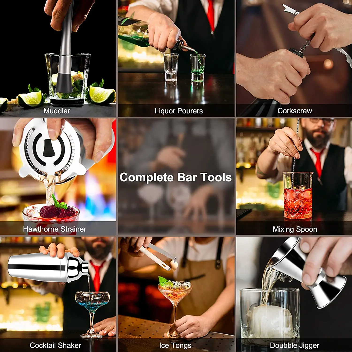 12pc BOSTON SHAKER BAR KIT Tin Glass Spoon Jigger Muddler Strainer Opener Pourer