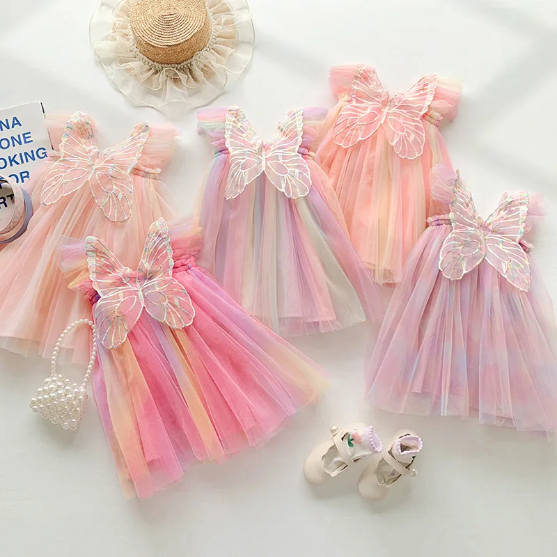 Hot Sale 2023 Rainbow Big Butterfly Baby Girl Dress Ruffle Flying Sleeve  Tutu Baby Girl Dress 6-12 Month