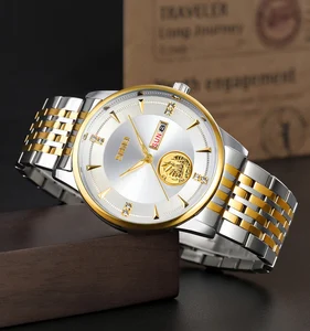 SKMEI 9309 Quartz Movement Luxury Watch Stainless Steel Band Glass Dial Water Resistant 3BAR 42mm Pointer