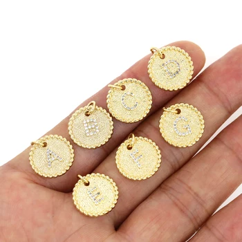 Vintage Jewelry Findings Croissant Edge Round Coin Pendant Micro Pave Mosaic CZ A-Z Initial l Letter Alphabet Pendant for DIY