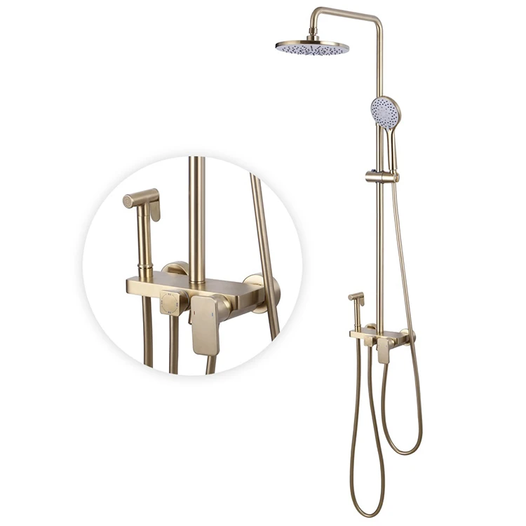 Oro Función de 4 vías Baño frío y caliente Grifos para baño y ducha Juegos de mezcladores de ducha con rociador de bidé