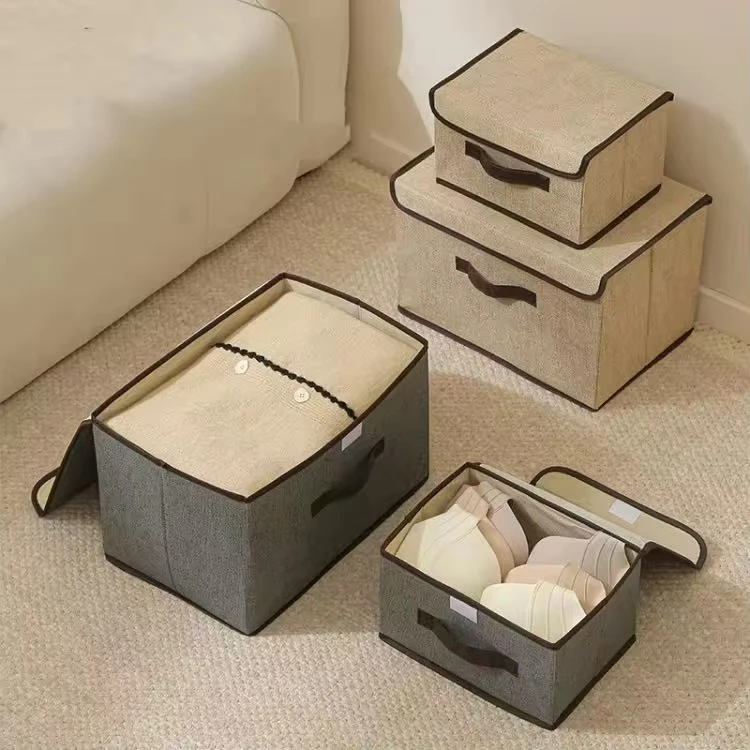 Factory Wholesale Living Room Furniture High Quality Linen Fabric Cloth Organizer Foldable Storage Box Lid Durable Soft