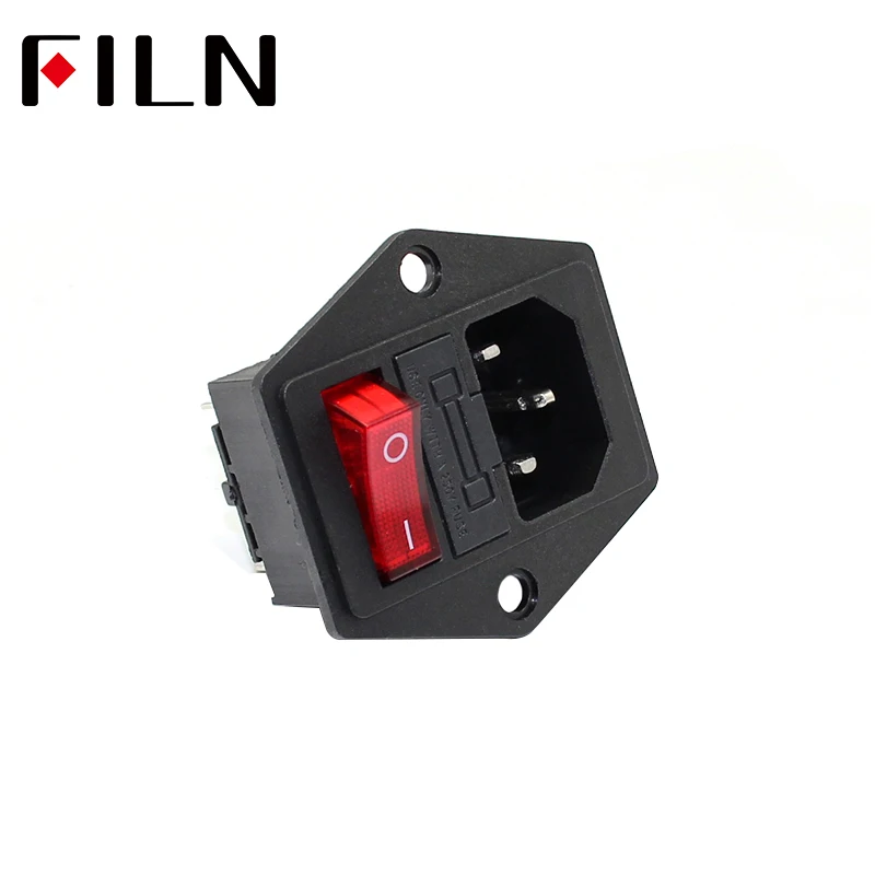 3 Pin Iec320 C14 Inlet Connector Plug Power Socket with 220v Red Lamp Rocker Switch 10A Fuse Holder Socket