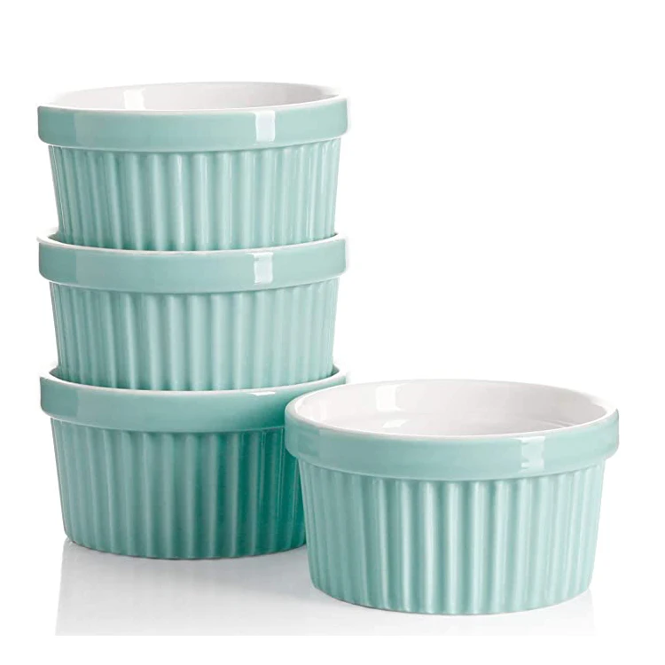 Round Shape Porcelain Embossed Ramekins for Baking 4 Oz Turquoise Ceramic Creme Brulee Souffle Dishes Stoneware Color Glazed