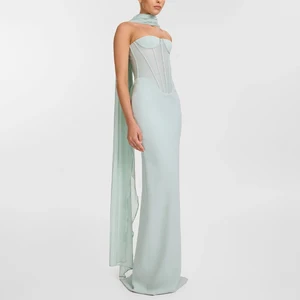 ZYHT 70089 Summer New Light Green Strapless Thin Gauze Ribbon Cape Slim Floor Length Gown Boning Evening Dress