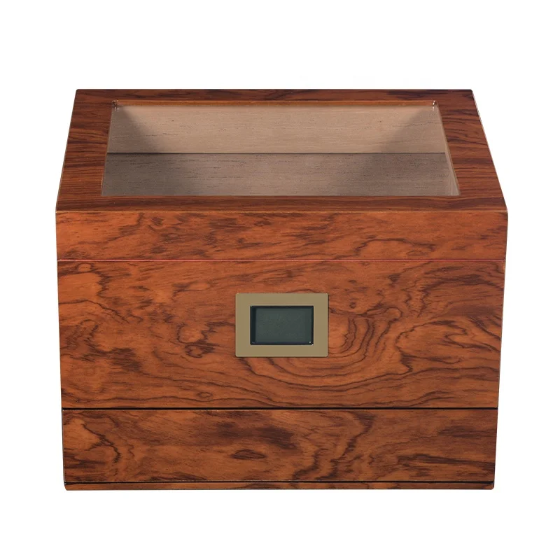 High Quality Glass Top Custom Logo Handcrafted Cigar Humidor Wood Storage Box with Divider and Front Digital Hygrometer