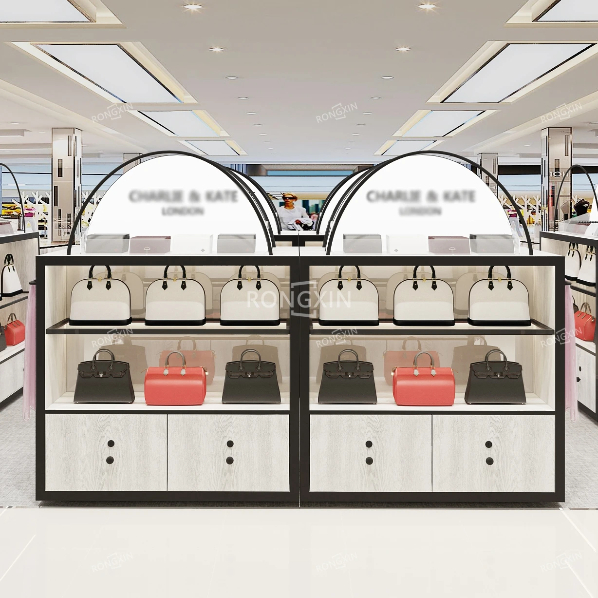 Mochila moderna, design de showroom, prateleira de exibição de