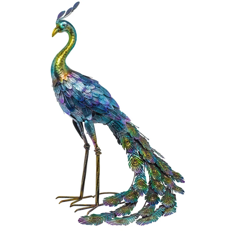 Metallic Peacock Statue Outdoor  Patio Deck Porch- 27-Inch Tall Multicolor Multicolor