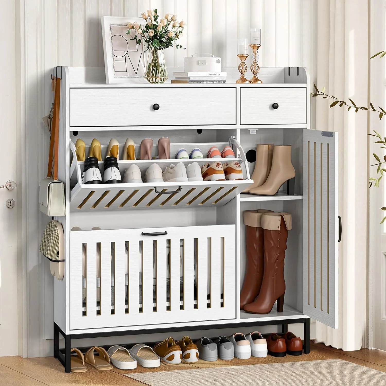 Modern 2-Tier Tall Shoe Rack Quality Wooden Furniture for Home