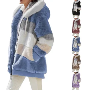 2026 Autumn Winter Women Warm Plush Patchwork Zipper Pocket Coat Long Sleeve Women Coat Plus Size Hooded Coats