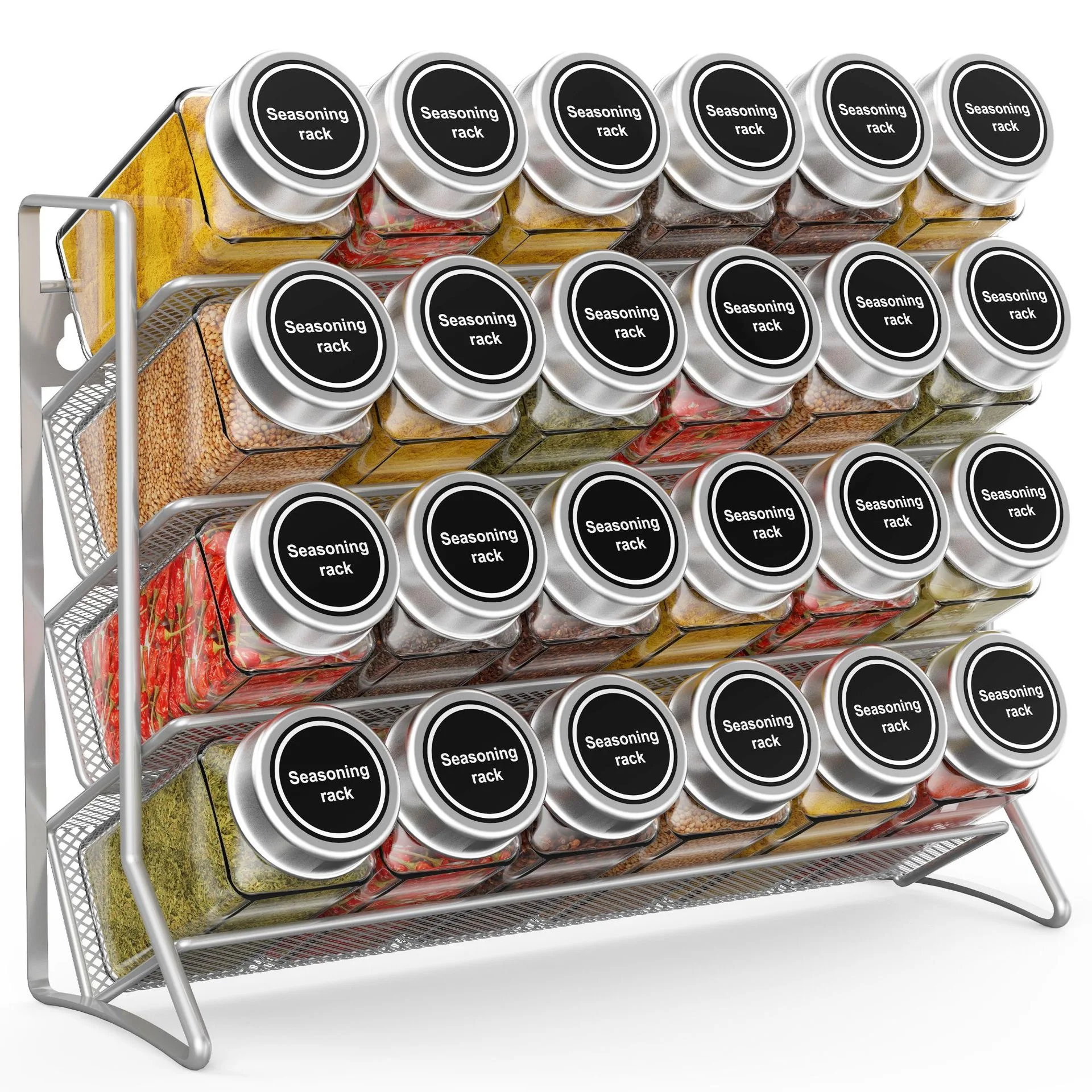 4-Tier Metal Spice Rack Organizer for Countertop Cabinet Wall Mount Sturdy Space-Saving Modern Design Easy Assembly Jars