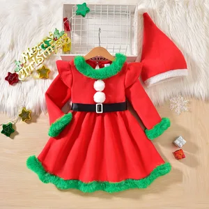 Girls Children's Winter Sweet O-Neck Solid Mini Christmas Party Dress up Maomao Stitching Dress