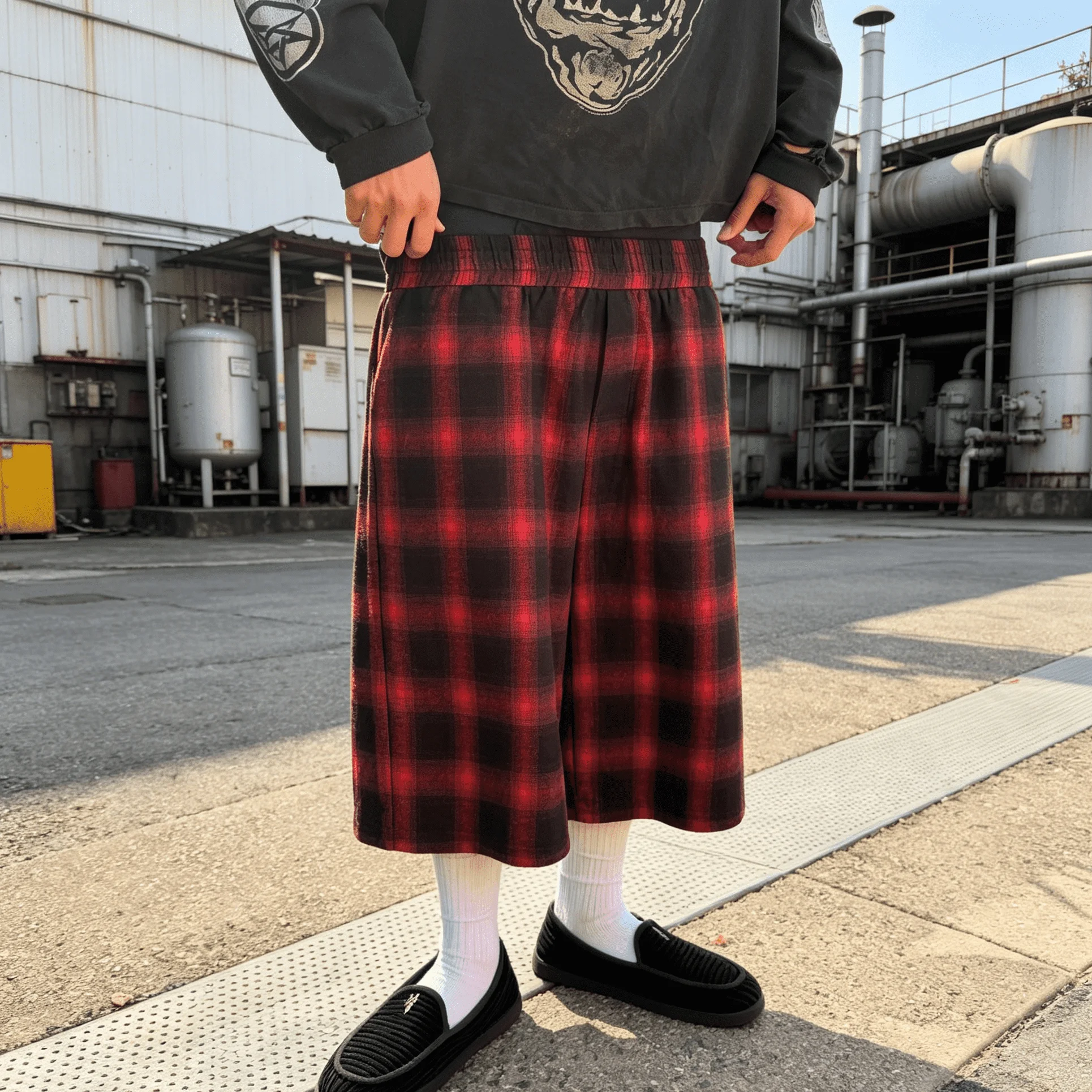 Custom Mens Checkered Plaid Cropped Pants Wide Leg Streetwear Elastic Waist Baggy Trousers For Casual Daily Wear gallery 5