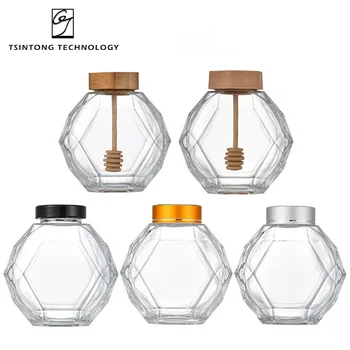 Hot Selling 380ml 700ml Clear Empty Hexagon Glass Perfume Bottle Honey Jar with Dipper Wood Lid