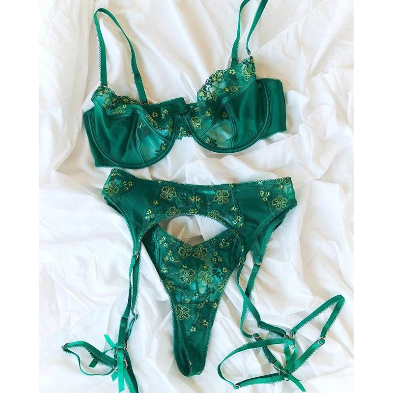 Green satin lingerie set