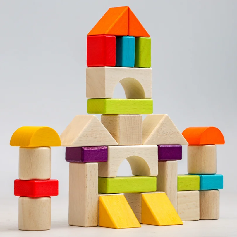 Wood Building Blocks 30 Pieces Natural Solid Wooden Educational Blocks Construction Set Sorting